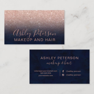 Makeup elegant typography navy rose gold glitter business card