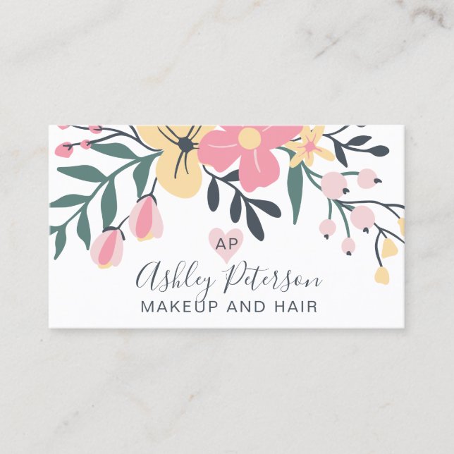 Makeup elegant typography pastel floral bouquet business card (Front)