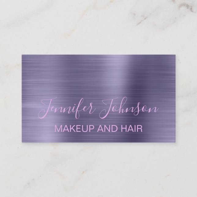 Makeup elegant typography purple faux metal business card (Front)