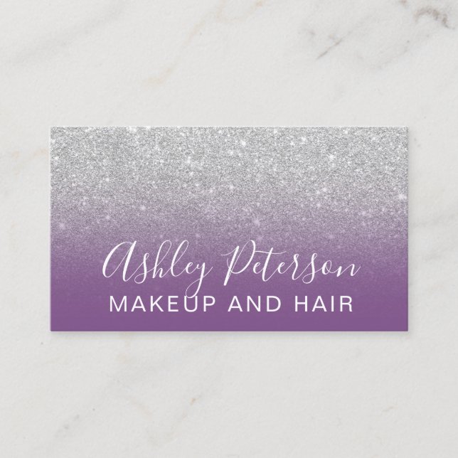 Makeup elegant typography purple silver glitter business card (Front)