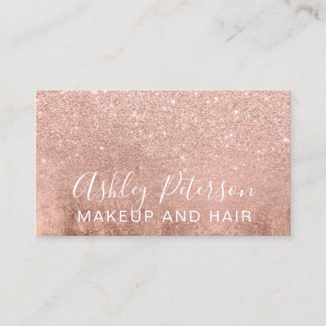 Makeup elegant typography rose gold glitter foil business card (Front)