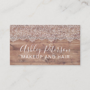 Makeup elegant typography white lace brown wood business card