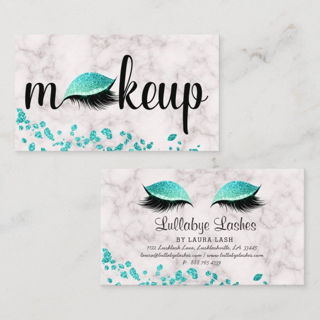 Makeup Eye Lash Aqua Blue Glitter Marble Trendy Business Card (Front/Back)