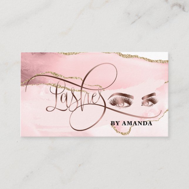 Makeup Eyebrow Eyes Lashes Rose Gold Agate Business Card (Front)