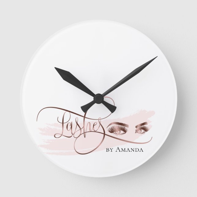 Makeup Eyebrow Eyes Lashes Rose Gold Round Clock (Front)