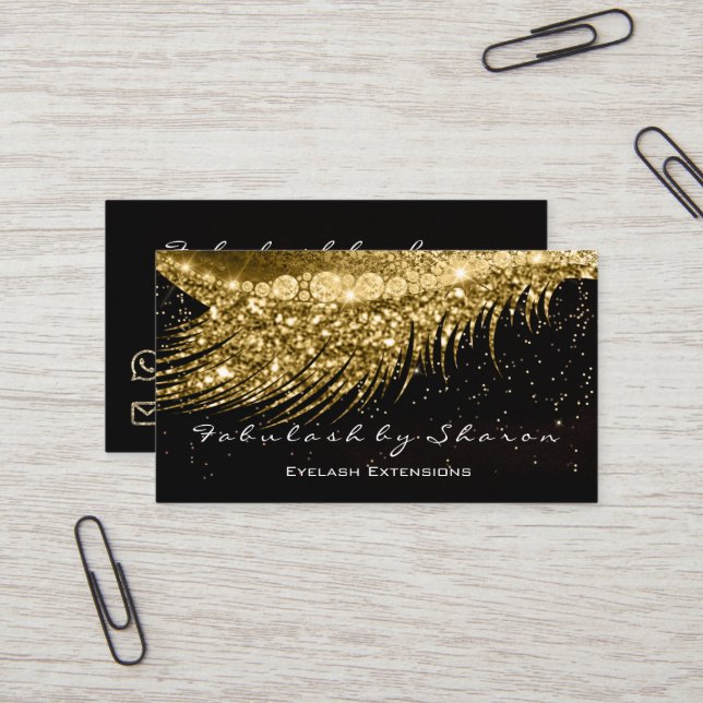 Makeup Eyebrow Lash Extension Glitter Black Gold Business Card (Front/Back In Situ)