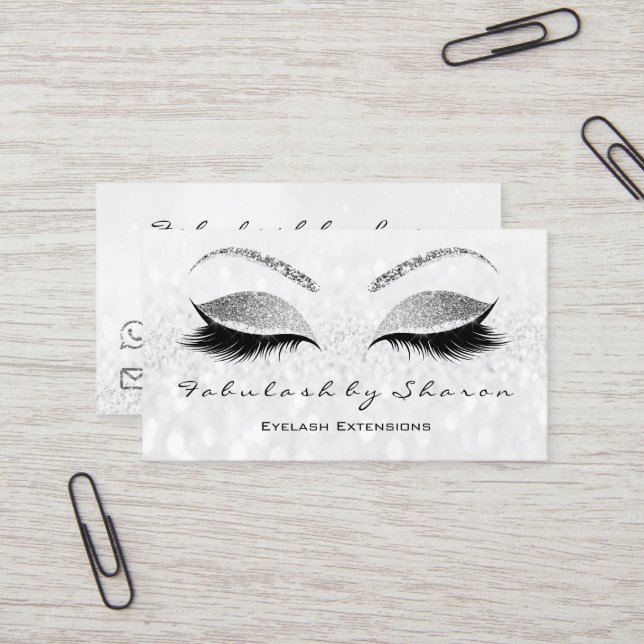 Makeup Eyebrow Lash Extension Glitter Silver Grey Business Card (Front/Back In Situ)