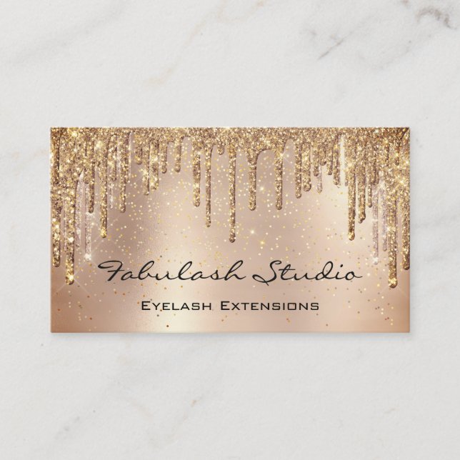 Makeup Eyebrow Lashes Glitter Rose Gold Drips Business Card (Front)