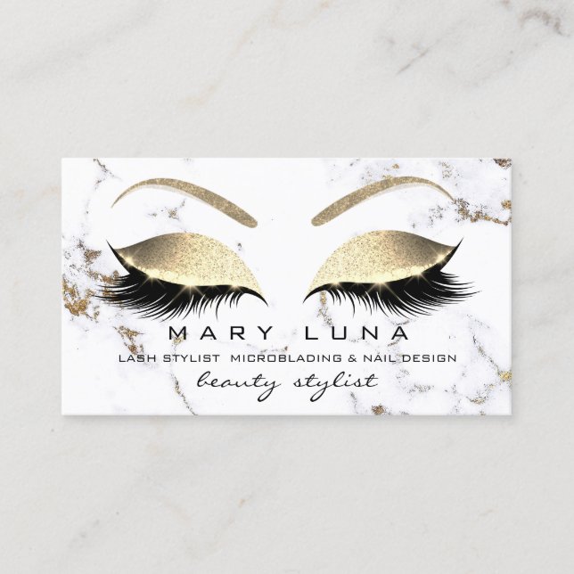 Makeup Eyebrows Lash Gold Marble White Glitter Business Card (Front)