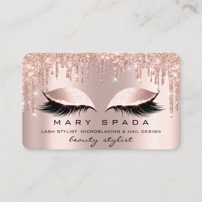 Makeup Eyebrows Lashes Pink Rose Spark Nails Business Card (Front)