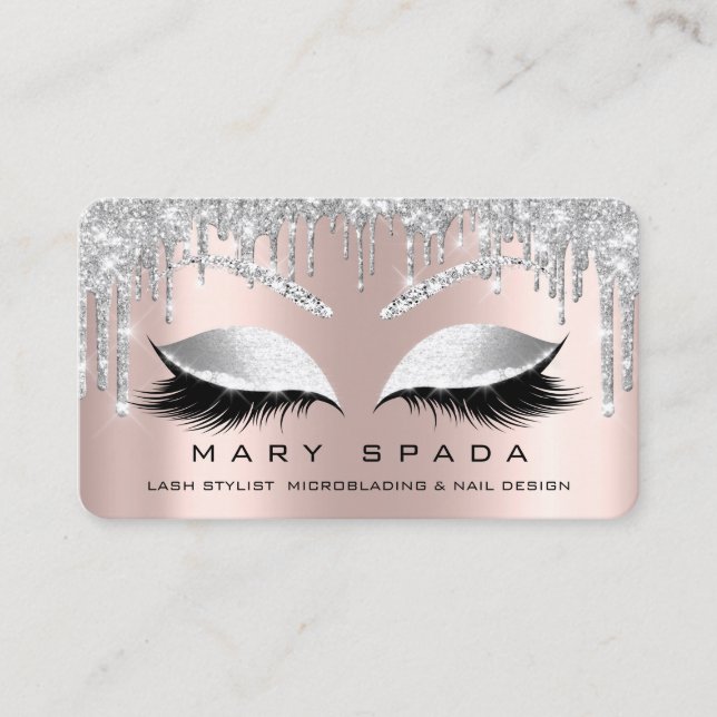 Makeup Eyebrows Lashes Silver Rose Spark Social Business Card (Front)