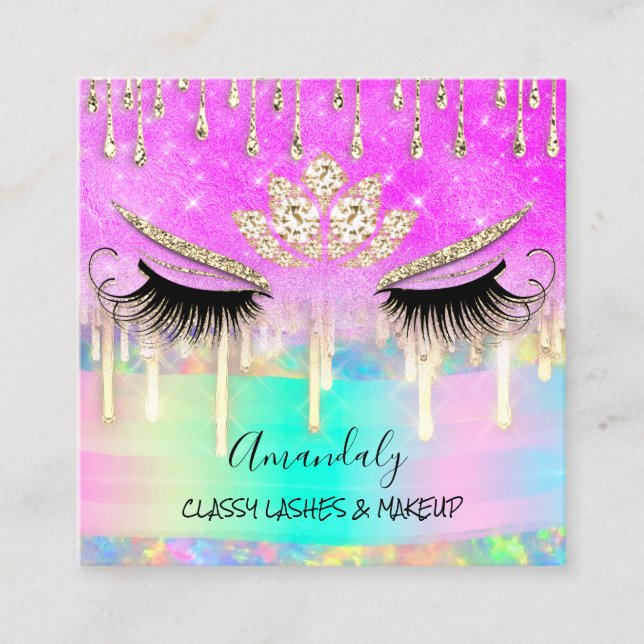Makeup Eyelash Microblade Drips Logo Lotus Mermaid Square Business Card (Front)