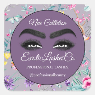 Makeup Eyelash Packaging Cleaner Floral Purple Square Sticker