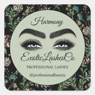 Makeup Eyelash Packaging Cleaner Florals Black Square Sticker