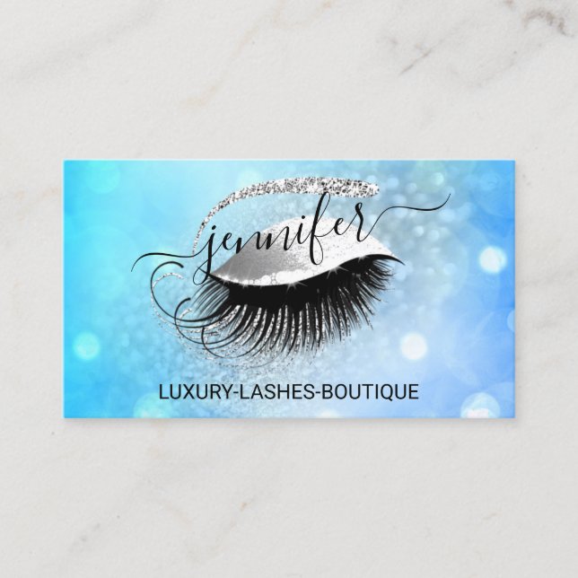 Makeup Eyelash QR Code Logo Glitter Blue Silver Business Card (Front)