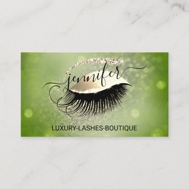 Makeup Eyelash QR Code Logo Glitter Gold Woodland Business Card (Front)