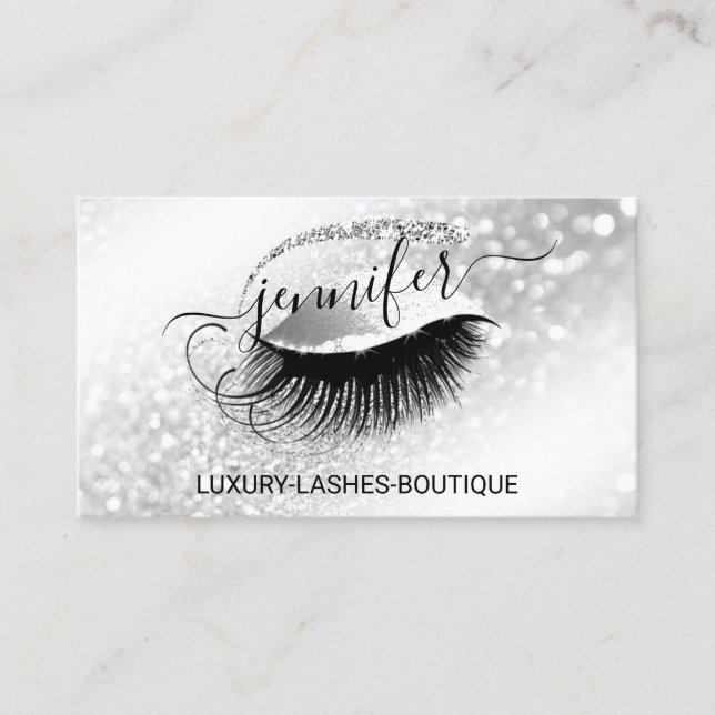 Makeup Eyelash QR Code Logo Glitter Grey  Silver Business Card (Front)