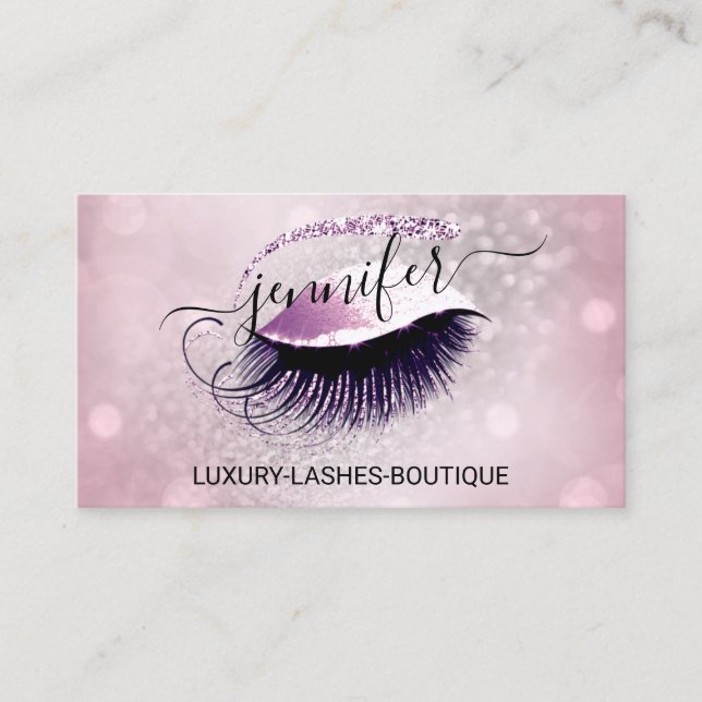 Makeup Eyelash QR Code Logo Glitter Pink Rose Grey Business Card (Front)