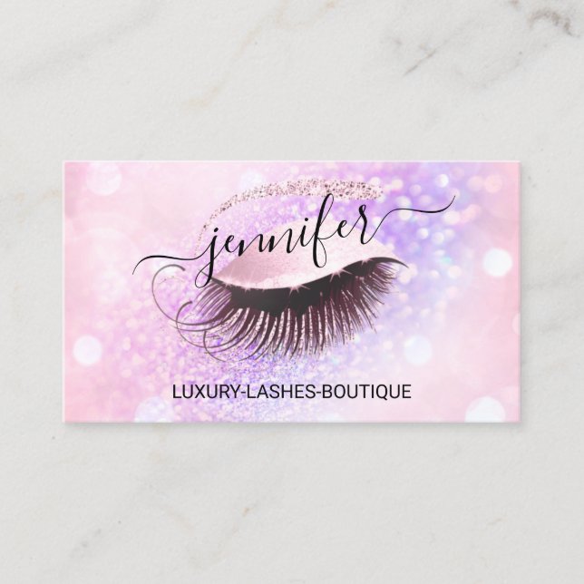 Makeup Eyelash QR Code Pink Glitter Eye Purple Business Card (Front)