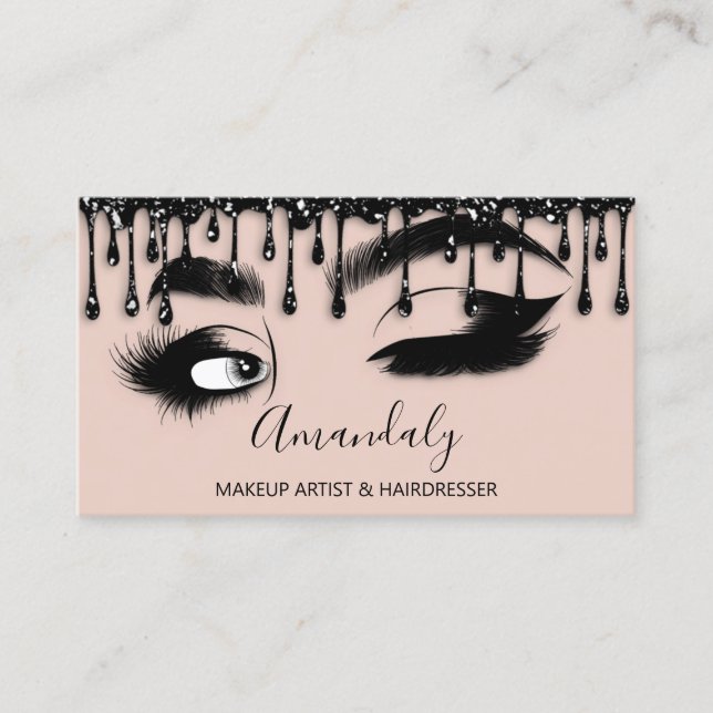 Makeup Eyelashes Brow QRCODE Logo Rose Black Drips Business Card (Front)