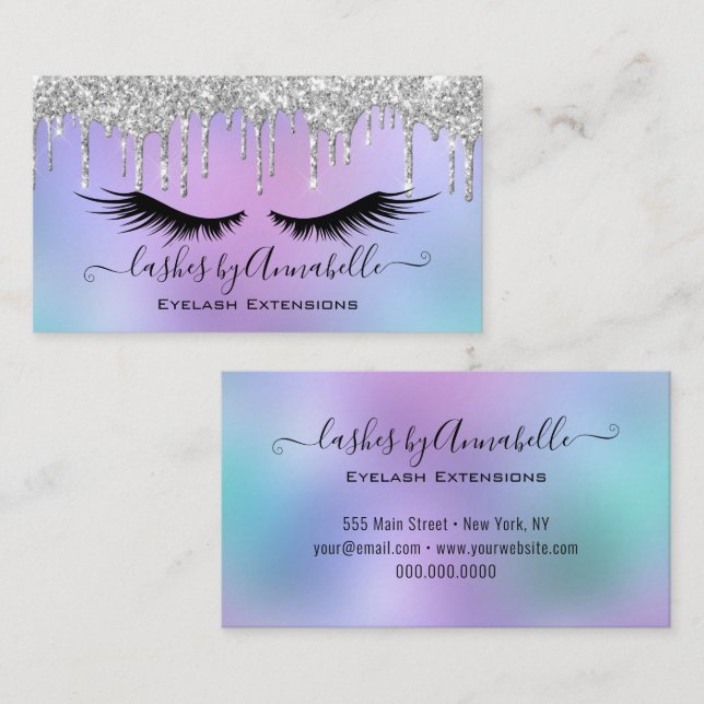 Makeup EyeLashes Sparkle Silver Glitter Drip Business Card (Front/Back)