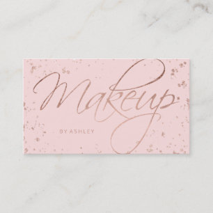 Makeup faux rose gold confetti script on pink business card