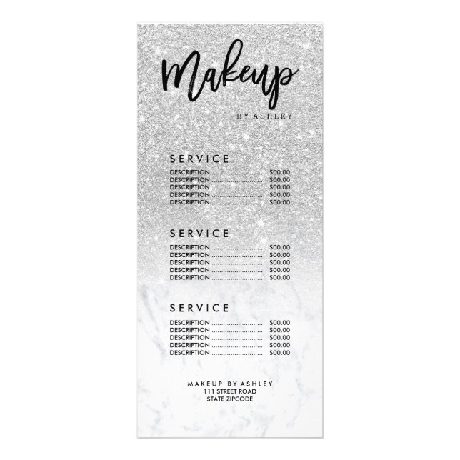 Makeup faux silver glitter marble price list rack card (Front)