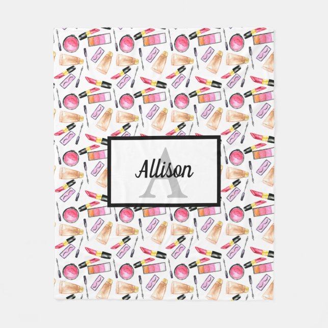 Makeup Girly Chic Monogram Cute Lipstick Lashes Fleece Blanket (Front)