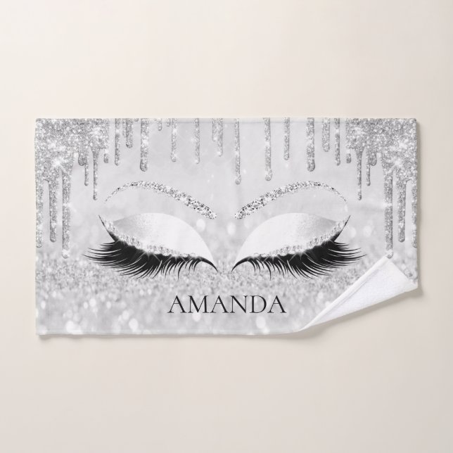 Makeup Glitter Eyes Drips Silver Grey Custom Name Hand Towel (Hand Towel)