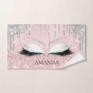 Makeup Glitter Eyes Drips Silver Pink Custom Name Hand Towel