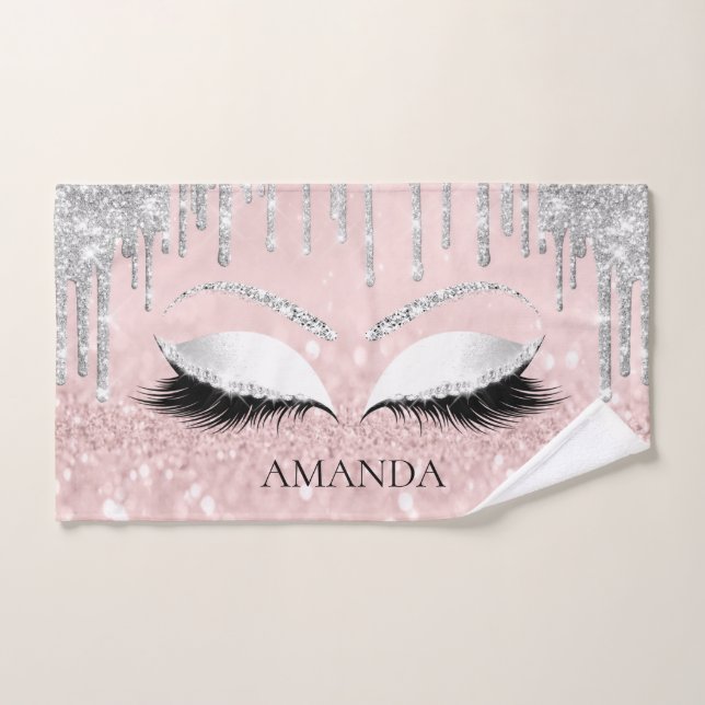 Makeup Glitter Eyes Drips Silver Pink Custom Name Hand Towel (Hand Towel)