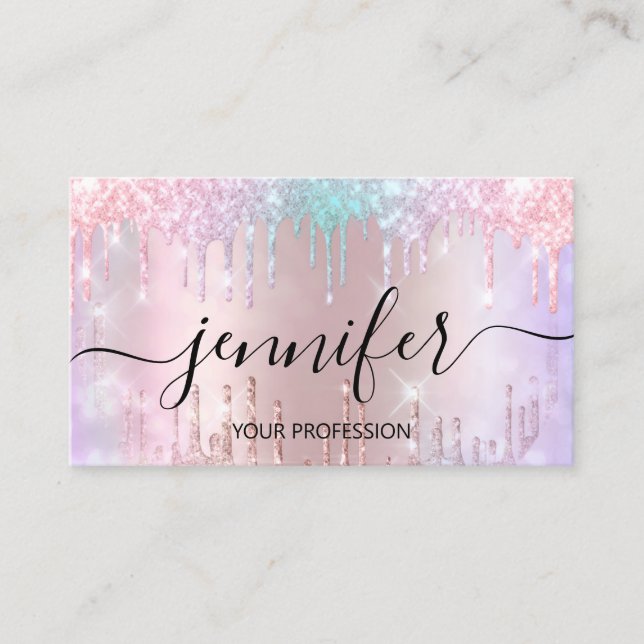 Makeup Glitter Lash Hair Nail Holograph Drips Rose Business Card (Front)