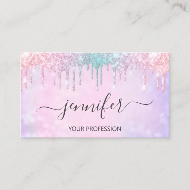 Makeup Glitter Lash Hair Nails Holographic Unicorn Business Card (Front)