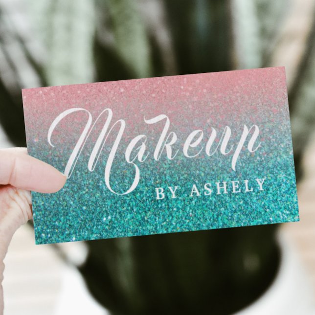 Makeup glitter turquoise business card (#zazzlemade #mackup #style #designer #turquoise #glitter)