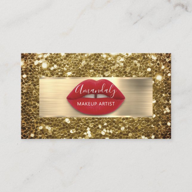 Makeup Gold Glitter QR Code Logo Red Lips Business Card (Front)
