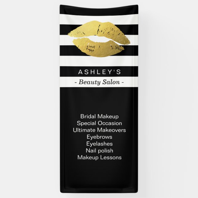 Makeup Gold Lips Beauty Salon Black White Striped Banner (Vertical)