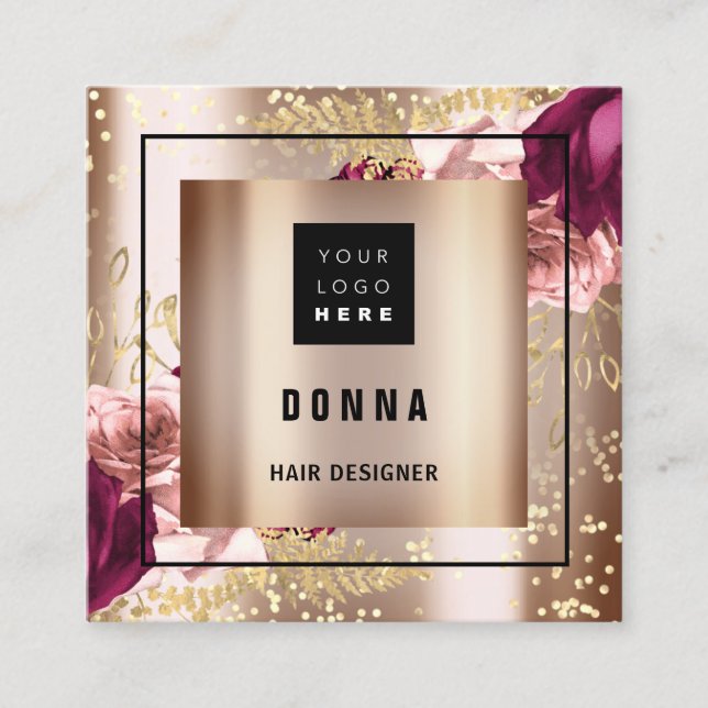 Makeup  Hair Beauty Logo QR CODE Rose Gold Frame Square Business Card (Front)