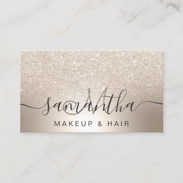 Makeup hair chic gold glitter ombre metallic foil business card (Front)