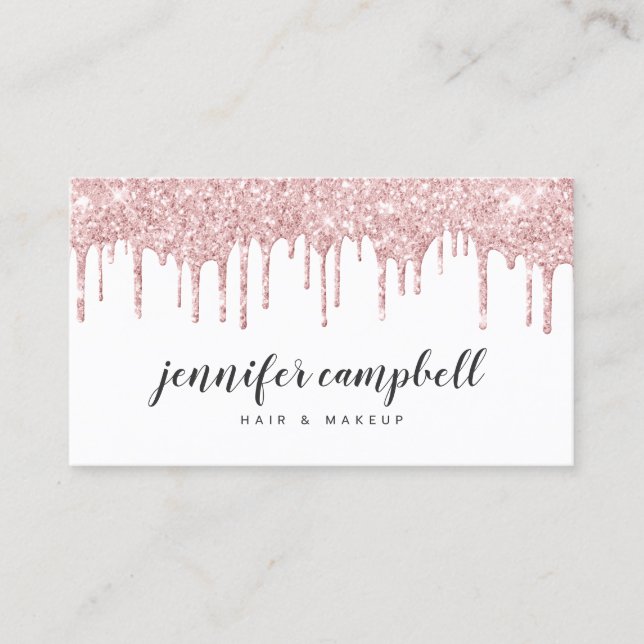 Makeup hair elegant glam blush pink glitter drips business card (Front)