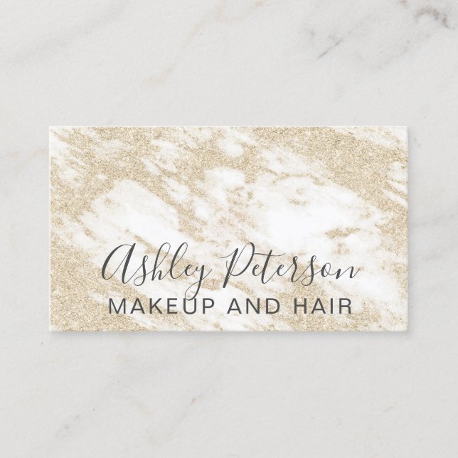 Makeup hair elegant gold glitter white marble business card (Front)