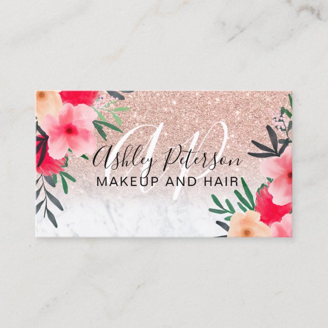Makeup hair floral marble rose gold glitter business card (Front)