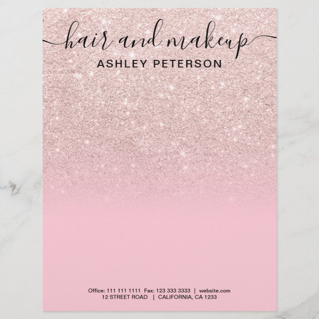 Makeup hair light rose gold glitter ombre pink custom letterhead (Front)