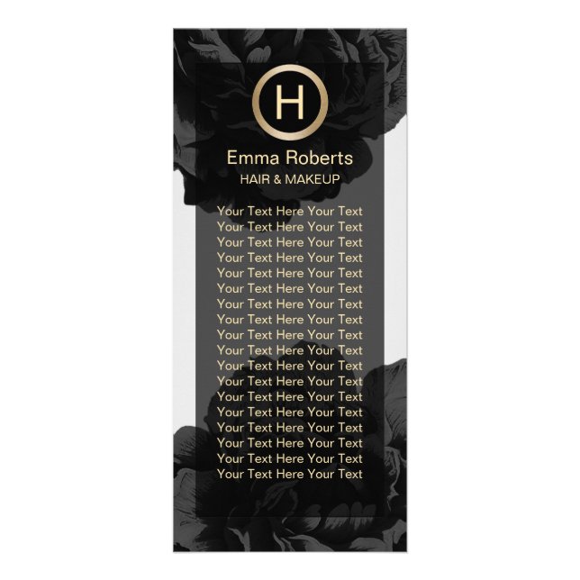 Makeup & Hair Modern Monogram Black & Gold Floral Rack Card (Front)