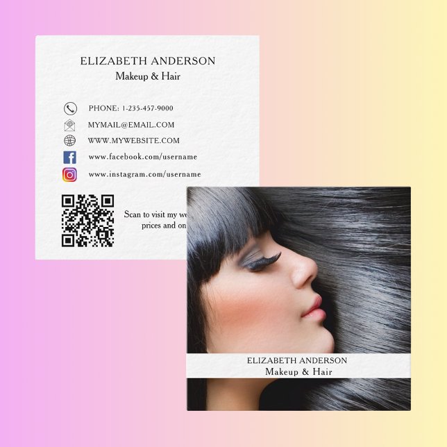 Makeup hair photo QR code social media premium Square Business Card (Creator Uploaded)