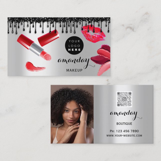 Makeup Hair Red Lipstick Silver Photo QRCode Shop  Business Card (Front/Back)