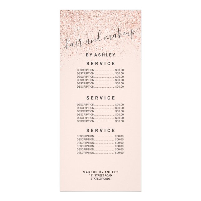 Makeup hair rose glitter pastel blush pink price rack card (Front)