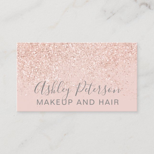 Makeup hair rose gold glitter blush pink business card (Front)