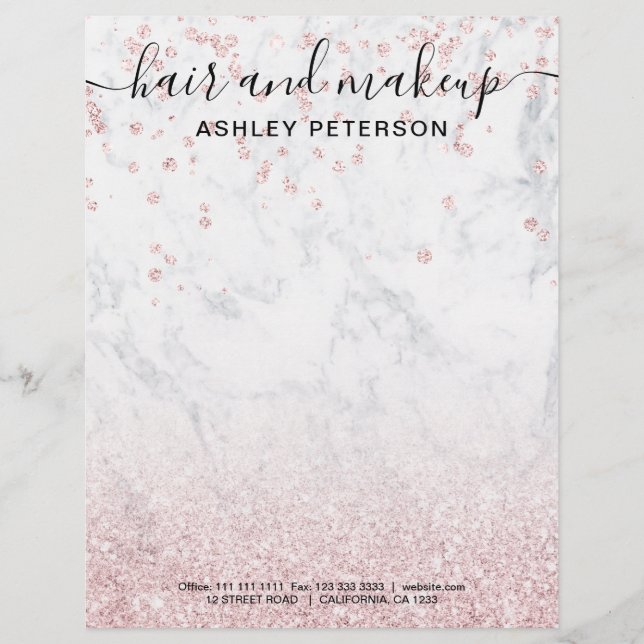 Makeup hair rose gold glitter marble confetti custom letterhead (Front)
