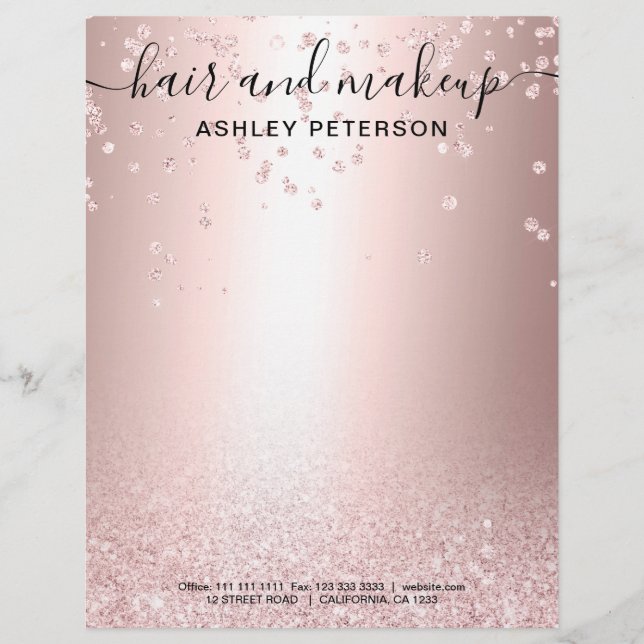 Makeup hair  rose gold glitter metallic confetti custom letterhead (Front)