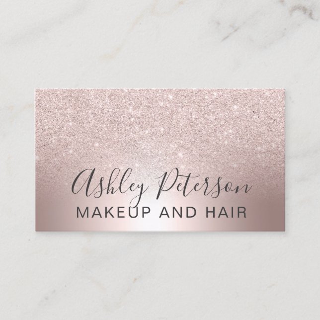 Makeup hair Rose gold glitter ombre metallic foil Business Card (Front)